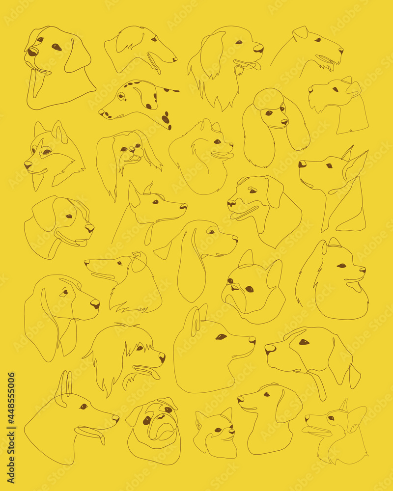 Set with isolated vector portraits of different dog breeds, line art ...