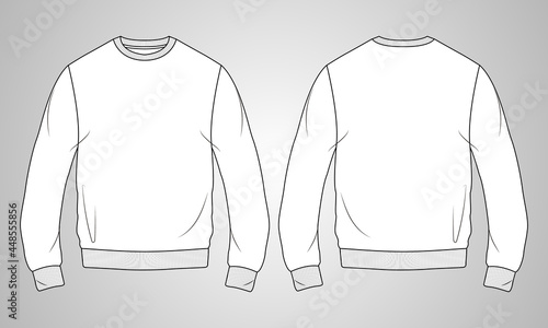 Round neck Long sleeve Sweatshirt overall fashion Flat Sketches technical drawing vector template For men's. Apparel dress design mockup CAD illustration. Sweater fashion design isolated on white. photo
