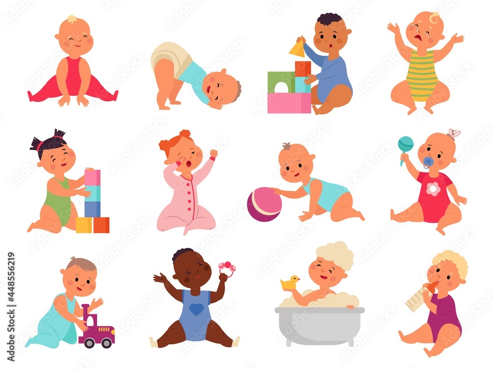 Newborn baby characters. Cute toddler, babies isolated with toys. Cartoon smile infants, happy active little boy girl in diaper decent vector set