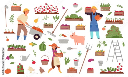 Cartoon agricultural and harvesting. Farmer crops, rustic agriculture family. People working on field, isolated farm harvest tools decent vector set