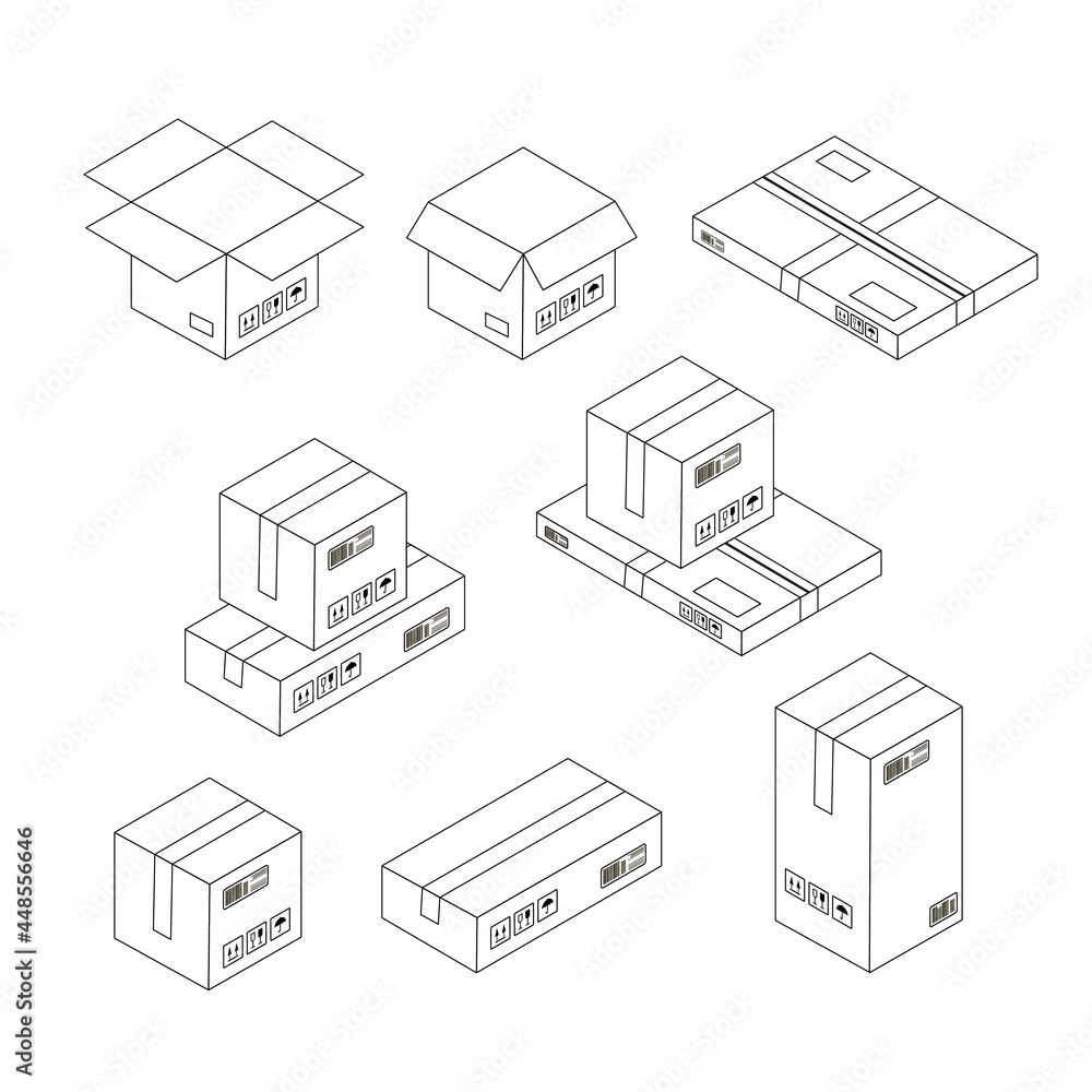 Vector outline illustration of a box and a parcel, different sizes and shapes.