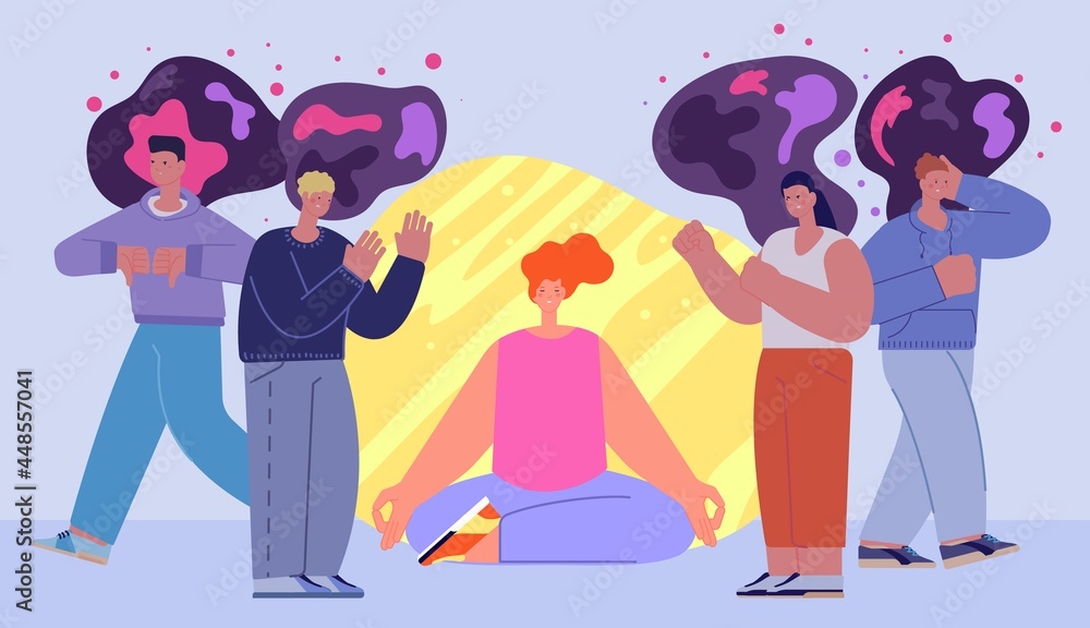 Social separation. Human bubble, cartoon healthy mind and soul in negative world. Young person avoid crowd and communication utter vector scene Social separation. Human bubble, cartoon healthy mind and soul in negative world. Young person avoid crowd and communication utter vector scene
