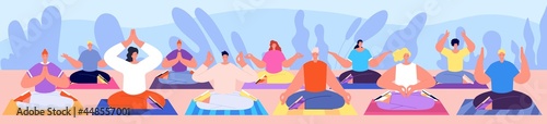 People relax group. Meditating character, yoga class meditate poses. Spiritual wellbeing practice or retreat, young sit crossed legs utter vector scene