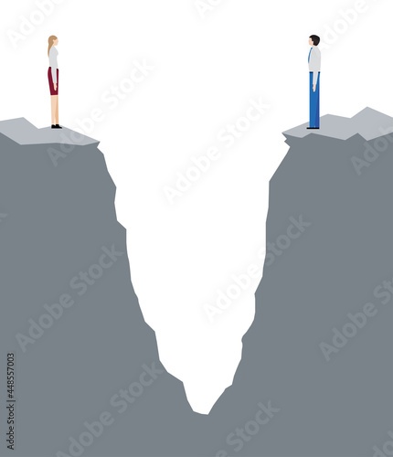 Concept of a woman and a man facing a ravine. Differences in society between men and women. Gender pay gap, how much less do women earn than men