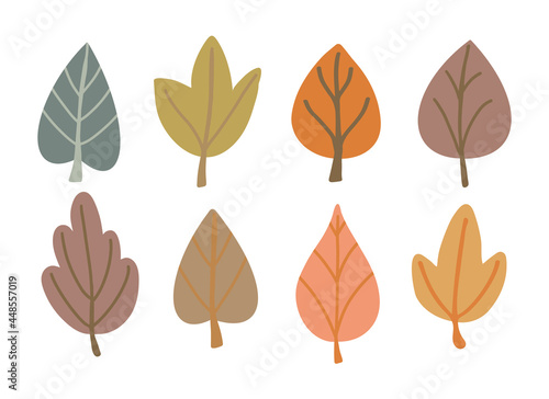 Autumn leaves hand drawn set in simple flat hand drawn style. Cute foliage vector illustration collection. Various style clip art elements for fall design  Thanksgiving.