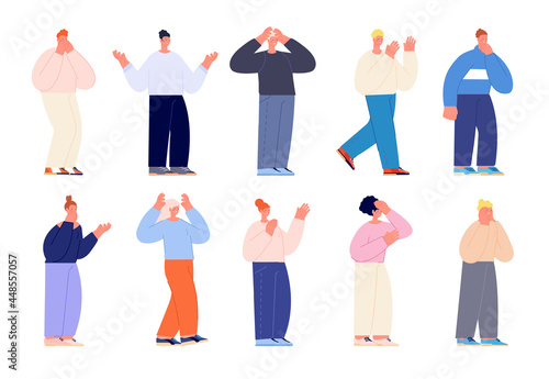 Surprised people. Young expression reactions, happy surprise emotion. Isolated amazed excited or shocked adult teenager utter vector set