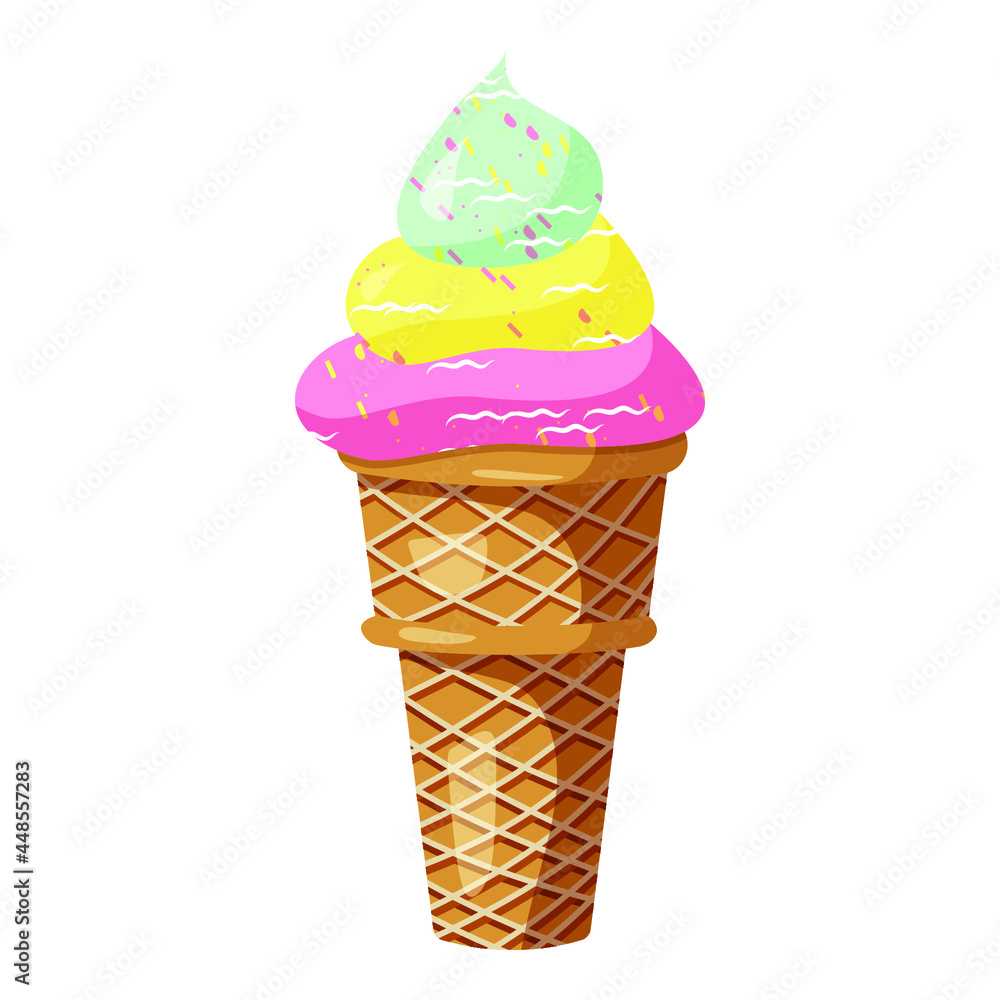 Colorful blue, yellow and pink ice cream. Soft serve in cone. Vector illustration in cartoon style