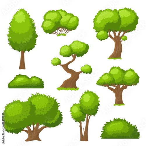 Cartoon tree and bush. Garden bushes, isolated shrubbery with green leaf. Landscape outdoor shrubs, green plant shapes, forest flora recent vector set