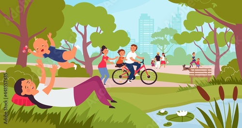 Fototapeta Naklejka Na Ścianę i Meble -  Family walking in park. Kids with father, children walk with parents. Woman play daughter in city garden, happy parenthood decent vector concept