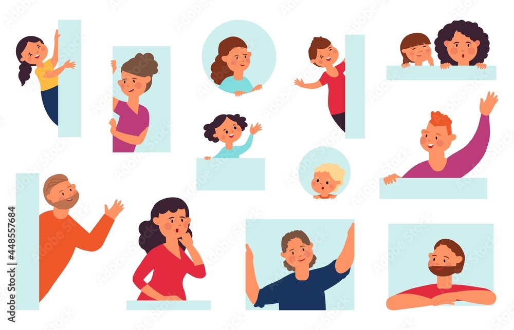 Cartoon people peeping. Isolated curious teen, men peep from window. Smile, confused or surprised persons faces look around decent vector set Cartoon people peeping. Isolated curious teen, men peep from window. Smile, confused or surprised persons faces look around decent vector set