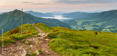 Fototapeta Naklejka Na Ścianę i Meble -  Sunrise seen from the summit of Połonina Wetlińska towards the Bieszczady peaks, Bieszczady forest, Bieszczady mountains, Carpathians