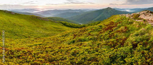 Fototapeta Naklejka Na Ścianę i Meble -  Sunrise seen from the summit of Połonina Wetlińska towards the Bieszczady peaks, Bieszczady forest, Bieszczady mountains, Carpathians