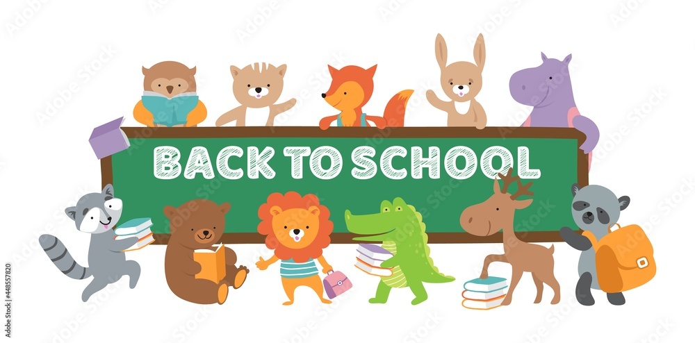 Obraz premium Back to school animal banner. Animals with books and backpacks near chalkboard. Isolated wild and forest vector characters