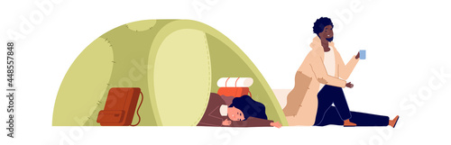 Cartoon refugee characters. Homeless problems, poor woman and man live in tent. Male panhandle, female sleeping vector concept of charity or donations