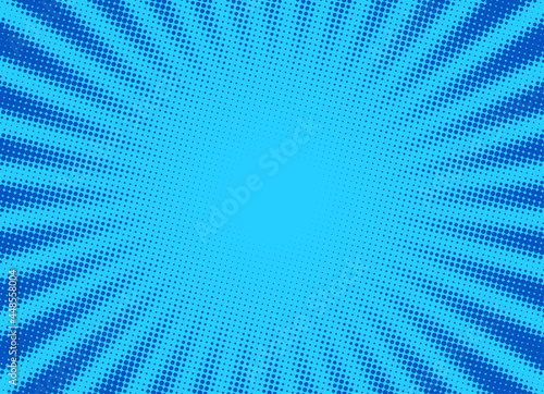 Blue dotted halftone rays background.