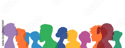Community people colorful heads silhouette panorama banner team vector EPS10 illustration isolated on white. Human chatting and communication concept