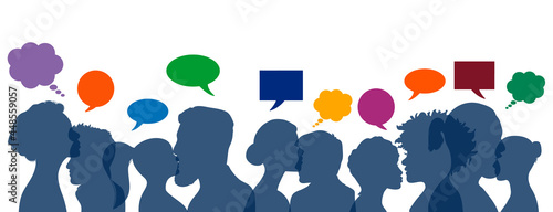 Community people heads silhouette with colorful thinking and speech boxes panorama banner team vector. Human chatting and communication concept