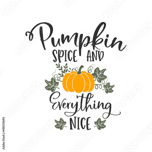 Pumpkin spice and everything nice inspirational slogan inscription. Vector Thanksgiving quotes. Illustration for prints on t-shirts and bags  posters  cards. Fall phrase. Isolated on white background.