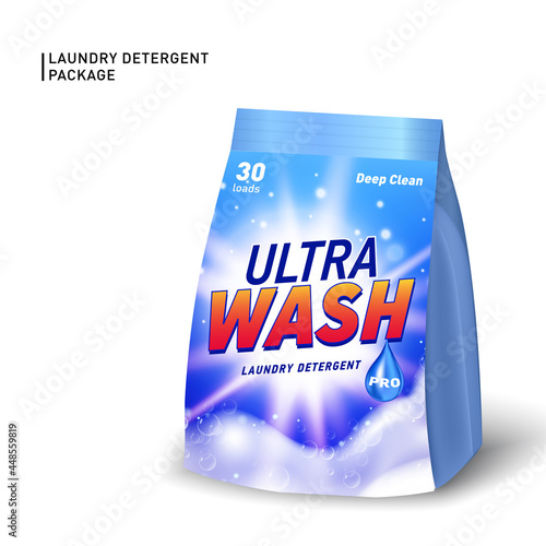 Realistic soft container for detergent. Detergent package template with designed logo and realistic soap foam.