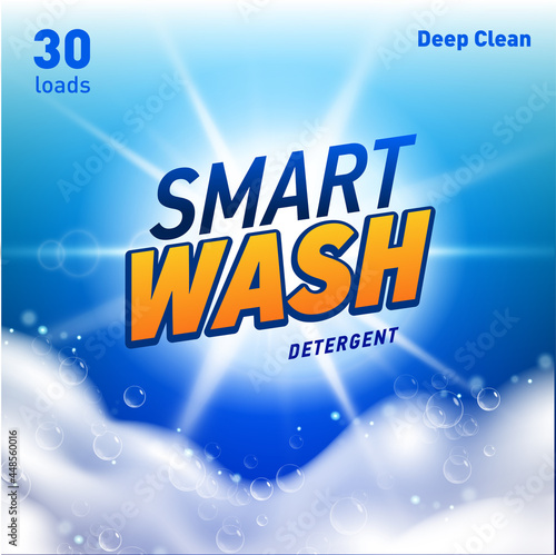 Detergent package design template with lens flare and realistic soap foam.