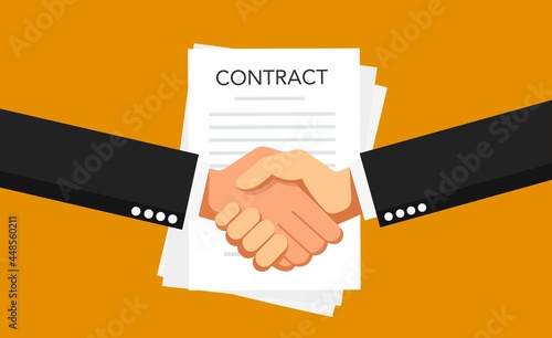 Business man shaking hands firmly for a signed contract with a green check mark. Modern flat style vector.