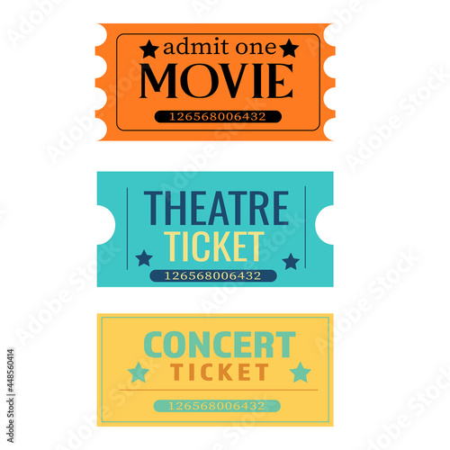 A set of tickets for a concert, movie, theater in orange, blue, yellow. photo