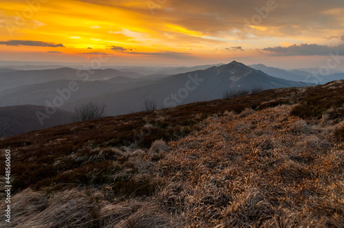 Sunrise seen from the summit of Połonina Wetlińska towards the Bieszczadzkie peaks and Połonina Caryńska, Bieszczadzka Primeval Forest, Bieszczady Mountains, Carpathians photo