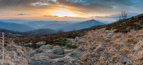 Sunrise seen from the summit of Po  onina Wetli  ska towards the Bieszczadzkie peaks and Po  onina Cary  ska  Bieszczadzka Primeval Forest  Bieszczady Mountains  Carpathians