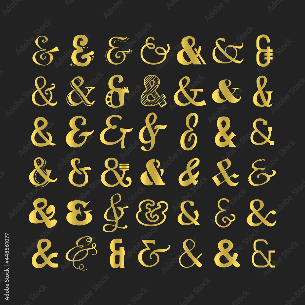 Complete different golden and isolated ampersand font faces icons set on black background Complete different golden and isolated ampersand font faces icons set on black background
