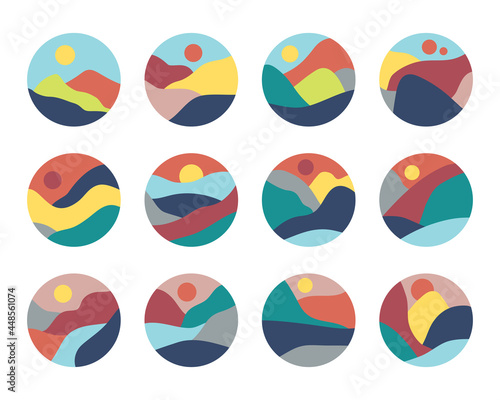 Abstract minimal colorful landscape, hills, river and mountain circle icons set on white background