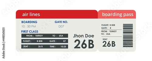 Realistic airline ticket design with passenger name. Isolated on white. 