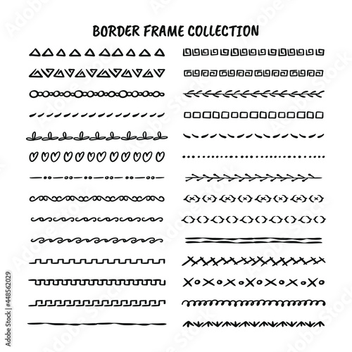 Hand drawn line, border, frame design element set isolated on white background