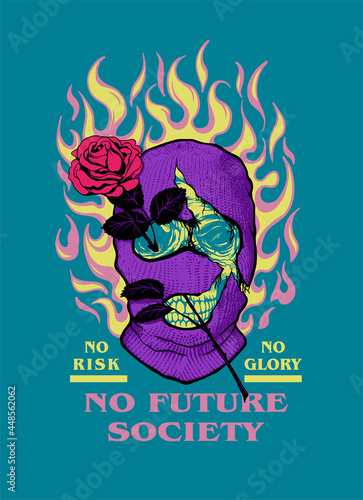 skull with a rose in fire wearing balaclava mask with a slogan print design photo