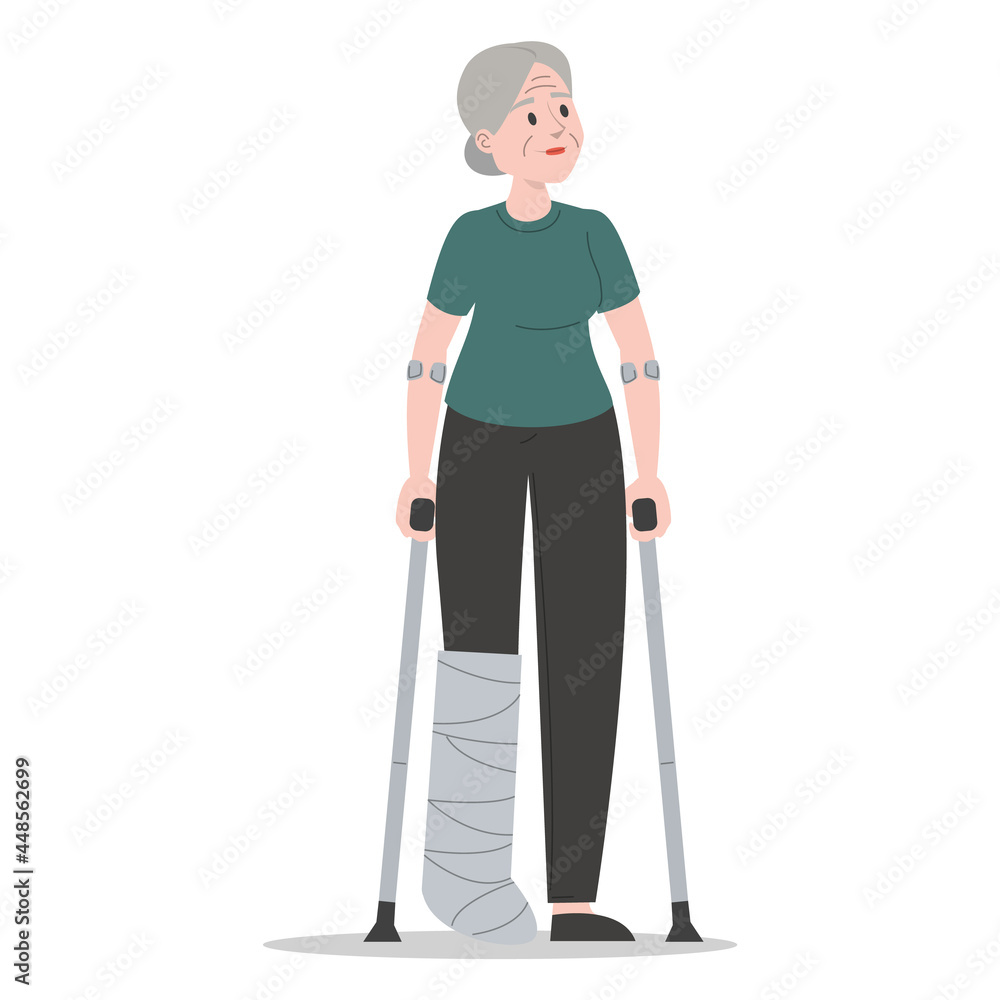Old woman on crutches with a broken leg in gypsum vector isolated. Injured female character. Disabled senior person standing.