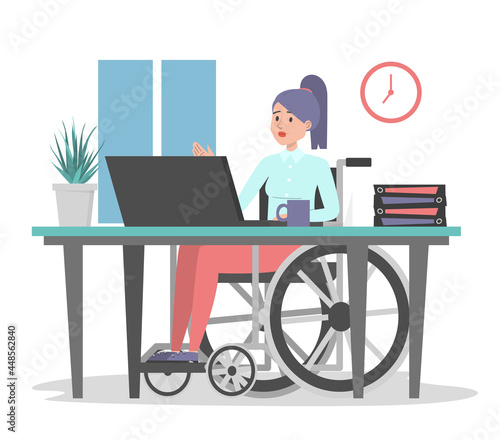 Woman in wheechair working in office, sitting at the desk vector isolated. Illustration of a disabled office worker. Handicapped employee at computer.