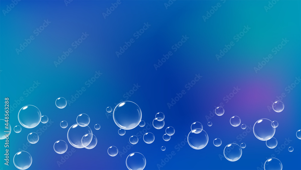 Bright blue background with fizzing bubbles. Fizzy air underwater. Vector realistic illustration.