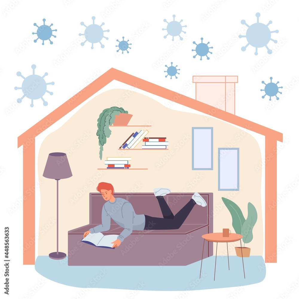 Vector flat cartoon character sit indoor at home quarantine,self isolation - happy man reading book in safety during viral infection pandemic.Coronavirus protection,covid prevention,social concept Vector flat cartoon character sit indoor at home quarantine,self isolation - happy man reading book in safety during viral infection pandemic.Coronavirus protection,covid prevention,social concept