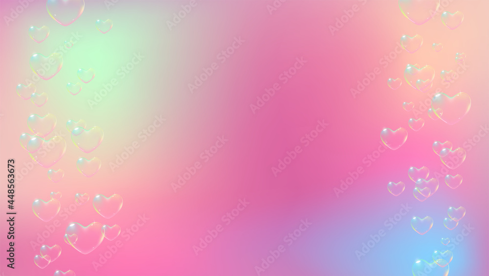 Delicate background with rainbow colored heart-shaped soap bubbles for Valentine card. Vector illustration