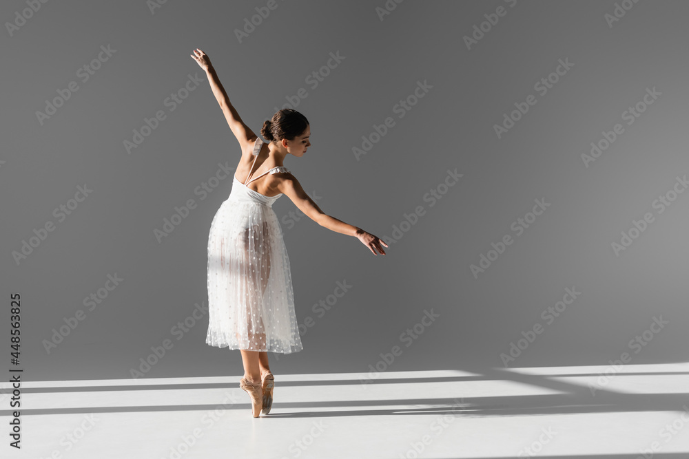 Side view of elegant ballerina in pointe shoes on grey background with sunlight Side view of elegant ballerina in pointe shoes on grey background with sunlight