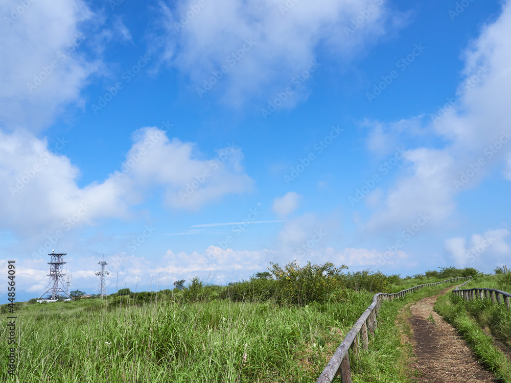 夏（8月）、晴れの日の高ボッチ高原 遊歩道から鉄塔方面を望む 長野県塩尻市・岡谷市