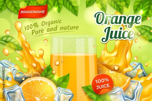 Realistic Detailed 3d Orange Juice Glass Cup Ads Banner Concept Poster Card. Vector illustration of Summer Citrus Drink