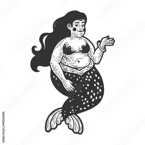 fat body positive mermaid girl sketch engraving vector illustration. T-shirt apparel print design. Scratch board imitation. Black and white hand drawn image.