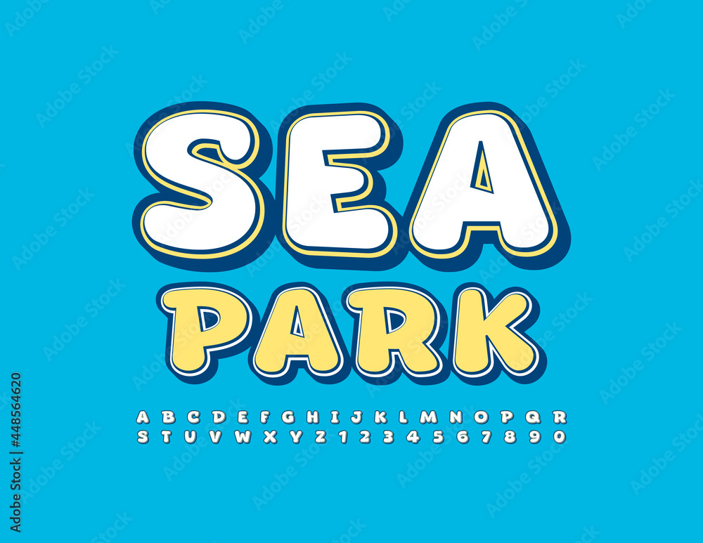 Vector funny emblem Sea Park. Playful Uppercase Font. Retro style Alphabet Letters and Numbers set
