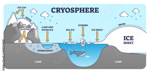 Cryosphere elements educational scheme with ice and water outline diagram. Snow cap, glacier, permafrost and iceberg location description as geological pole and antarctica parts vector illustration.