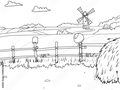 Rural landscape, field and haystack. Children coloring book.