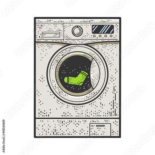 Washing machine wash sock color sketch engraving vector illustration. T-shirt apparel print design. Scratch board imitation. Black and white hand drawn image.