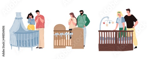 Vector flat cartoon family characters,future parents mom dad look on nursery crib with love,thinking about future child.Web banner online design-happy childbirth,healthy lifestyle,social concept set