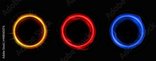 Energy circles with neon colors template. Round banner frame with flashes electric and sunny rays