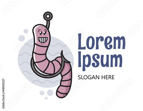 Funny cute cartoon worm hanging from a fishing hook. Fishing concept in cartoon style. Fishing day mascot.