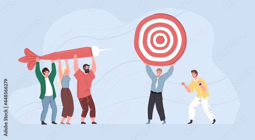 Vector flat cartoon characters teamwork metaphor.Successful team of startup business employees aim at target with a huge dart-goal achievment symbol of team victory success,web online design concept Vector flat cartoon characters teamwork metaphor.Successful team of startup business employees aim at target with a huge dart-goal achievment symbol of team victory success,web online design concept